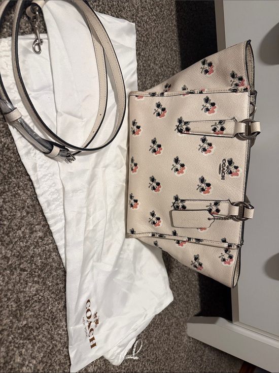 Coach Handbags - Coach Floral Print Leather Tote in Cream with Pink and Black Accents
